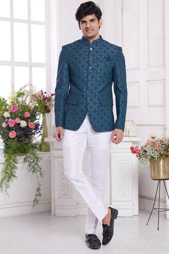 Men's blue  jodhpuri with imported jaquard silk and faux satin