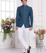 Men's blue  jodhpuri with imported jaquard silk and faux satin