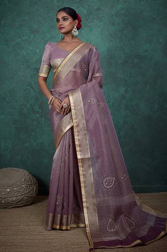 light purple tissue linen khatli handwork saree