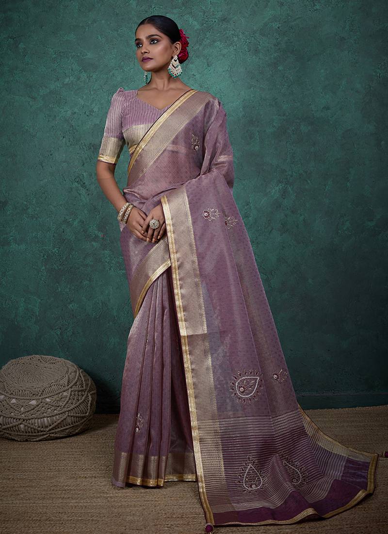 light purple tissue linen khatli handwork saree