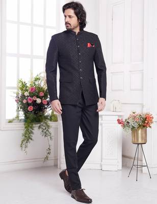 men's black  jodhpuri with imported jaquard silk and faux satin 1