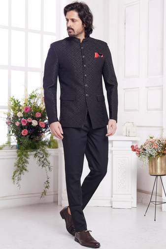 Men's black  jodhpuri with imported jaquard silk and faux satin