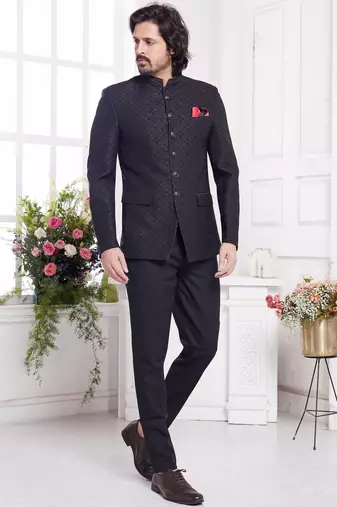 Men's black  jodhpuri with imported jaquard silk and faux satin