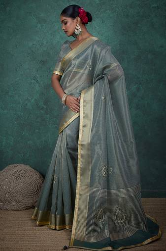 light teal tissue linen khatli handwork saree