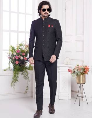 men's black  jodhpuri with imported jaquard silk and faux satin 2