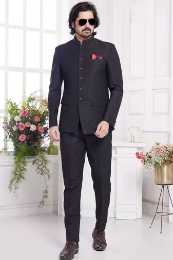 men's black  jodhpuri with imported jaquard silk and faux satin