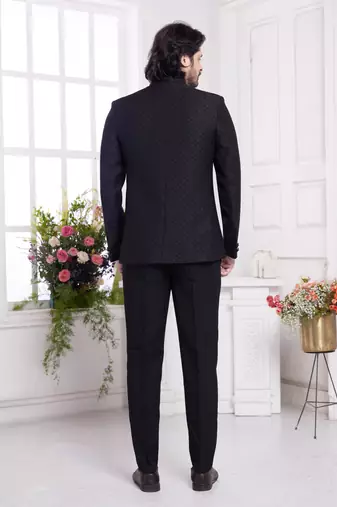 men's black  jodhpuri with imported jaquard silk and faux satin