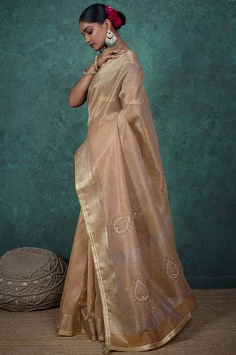 beige tissue linen khatli handwork saree