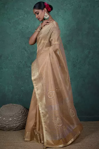 beige tissue linen khatli handwork saree