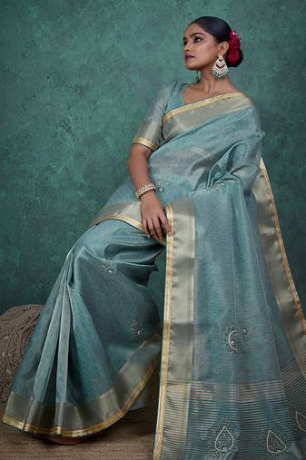 light blue tissue linen khatli handwork saree
