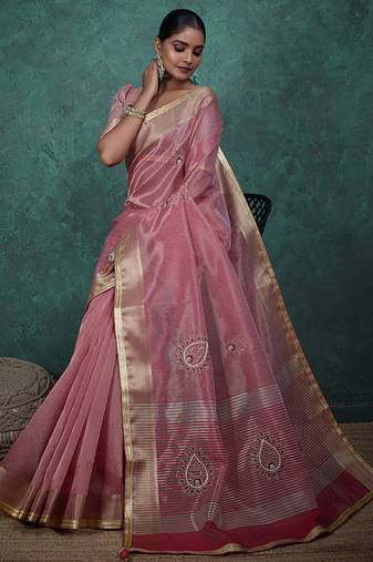 light pink tissue linen khatli handwork saree