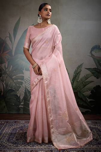 light pink tissue linen khatli handwork saree
