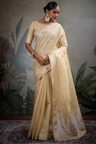 light yellow tissue linen khatli handwork saree