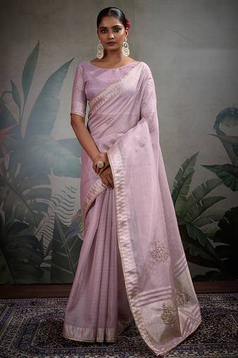 lilac tissue linen khatli handwork saree