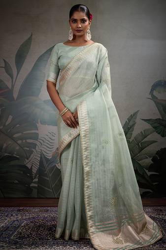 light blue tissue linen khatli handwork saree