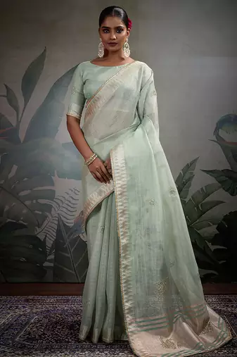 light blue tissue linen khatli handwork saree