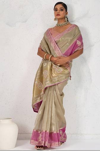 chiku soft tissue linen saree with blouse piece