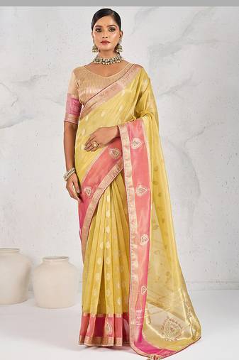 yellow soft tissue linen saree with blouse piece
