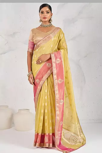 yellow soft tissue linen saree with blouse piece