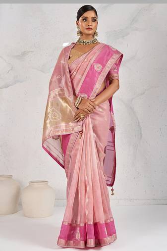 light pink soft tissue linen saree with blouse piece
