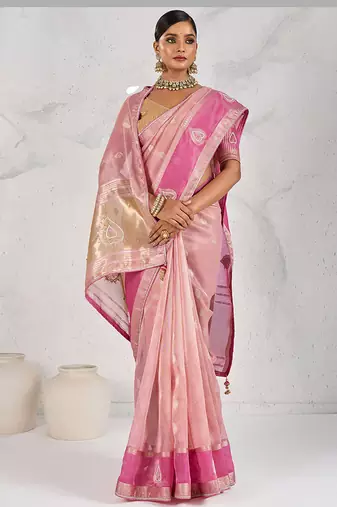 light pink soft tissue linen saree with blouse piece