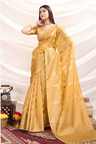 light yellow crush tissue designer saree