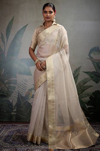off white tissue silk blend saree with tissue brocade blouse piece