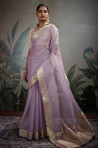 light purple tissue silk blend saree with tissue brocade blouse piece