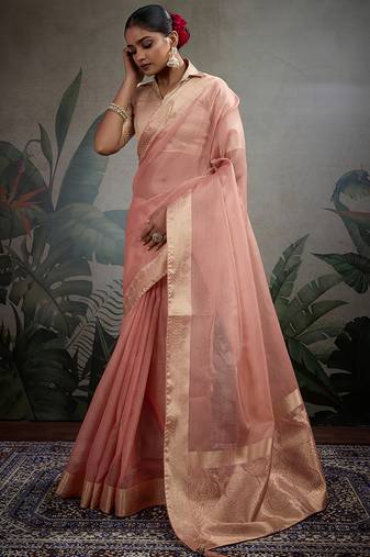 light peach tissue silk blend saree with tissue brocade blouse piece