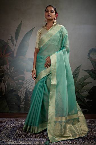 light blue tissue silk blend saree with tissue brocade blouse piece