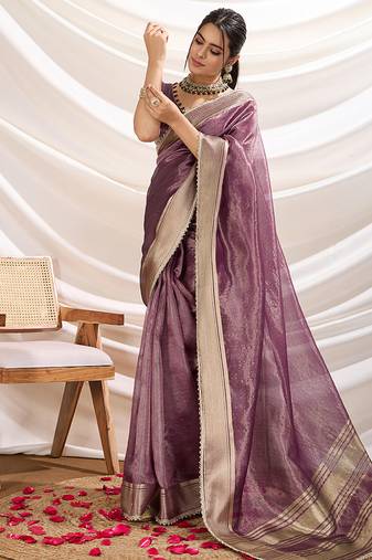 Plum linen tissue border work saree