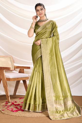 Light green soft linen tissue border work saree