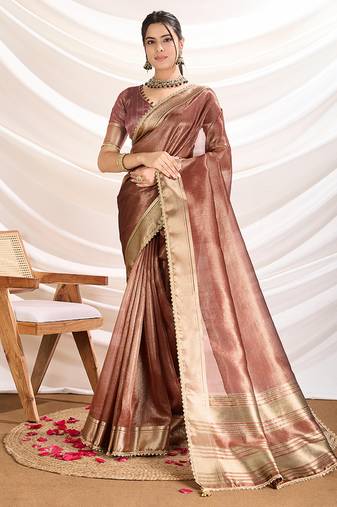 Rust soft linen tissue border work saree