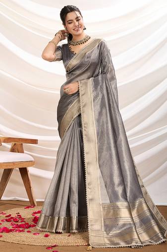 Grey soft linen tissue border work saree