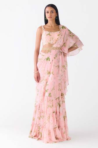 Pink printed georgette saree