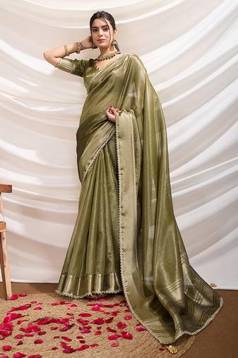 Olive green soft linen tissue border work saree