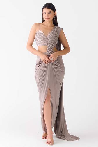 Grey plain organza saree