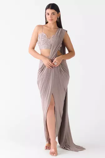 Grey plain organza saree