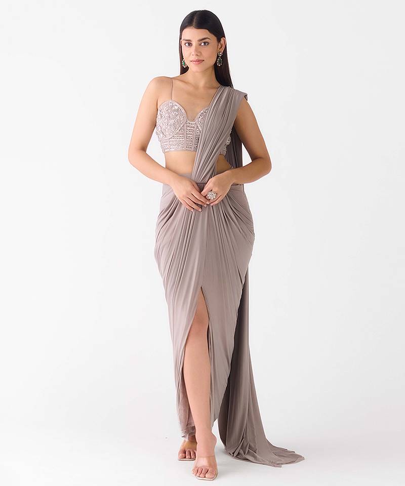 Grey plain organza saree