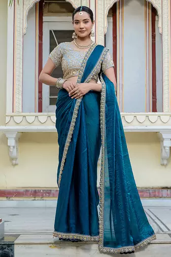 teal blue satin velvet saree with blouse piece