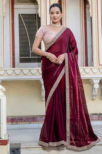 maroon satin velvet saree with blouse piece