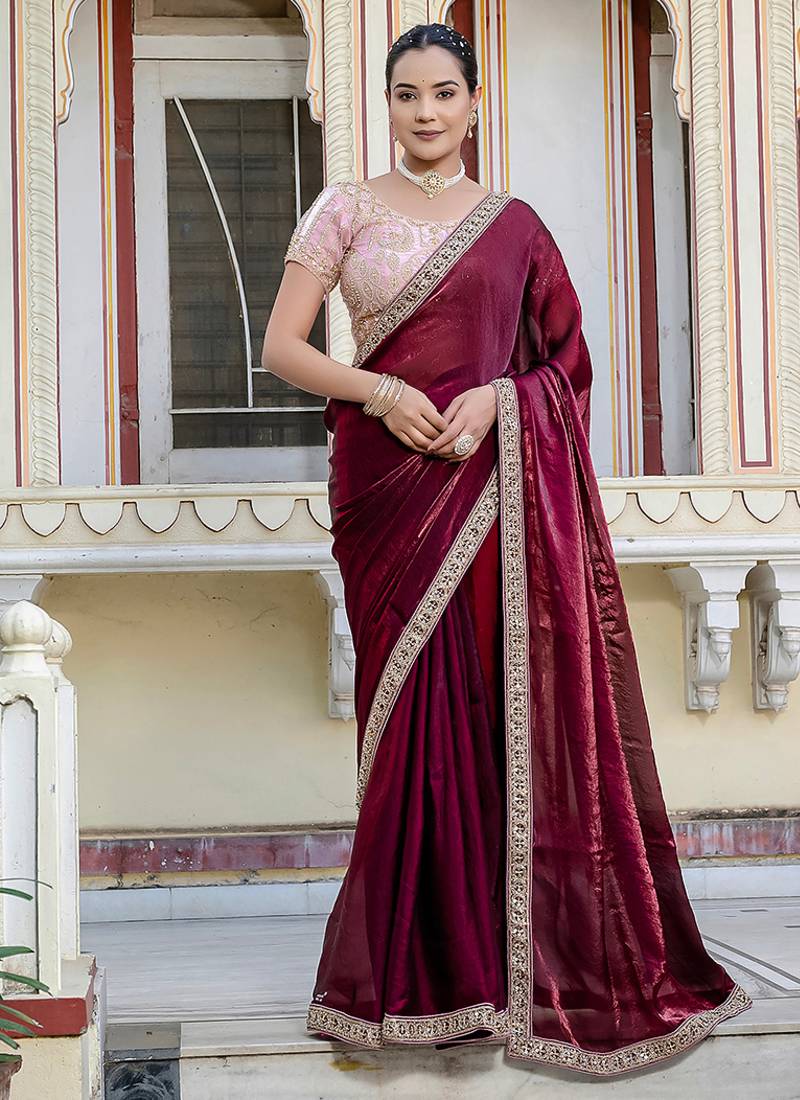 maroon satin velvet saree with blouse piece