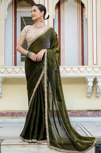 mehendi green satin velvet saree with blouse piece