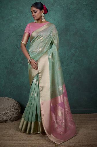 light blue linen blend woven sequin work saree