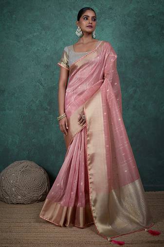light pink linen blend woven sequin work saree