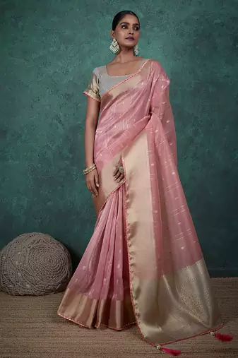 light pink linen blend woven sequin work saree