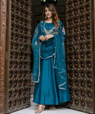 Art Silk Embroidery Work Anarkali Kurta Pant with Net Dupatta Set For Women 1