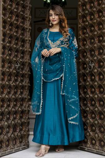 Art Silk Embroidery Work Anarkali Kurta Pant with Net Dupatta Set For Women