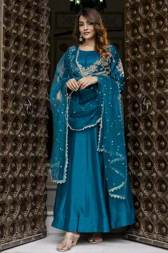 Art Silk Embroidery Work Anarkali Kurta Pant with Net Dupatta Set For Women