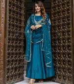 Trendmalls Art Silk Embroidery Work Anarkali Kurta Pant with Net Dupatta Set For Women